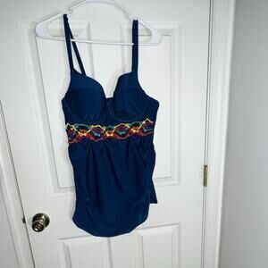 Cacique Blue Crochet Tankini Swim Top 38C Adjustable Straps Padded Lined